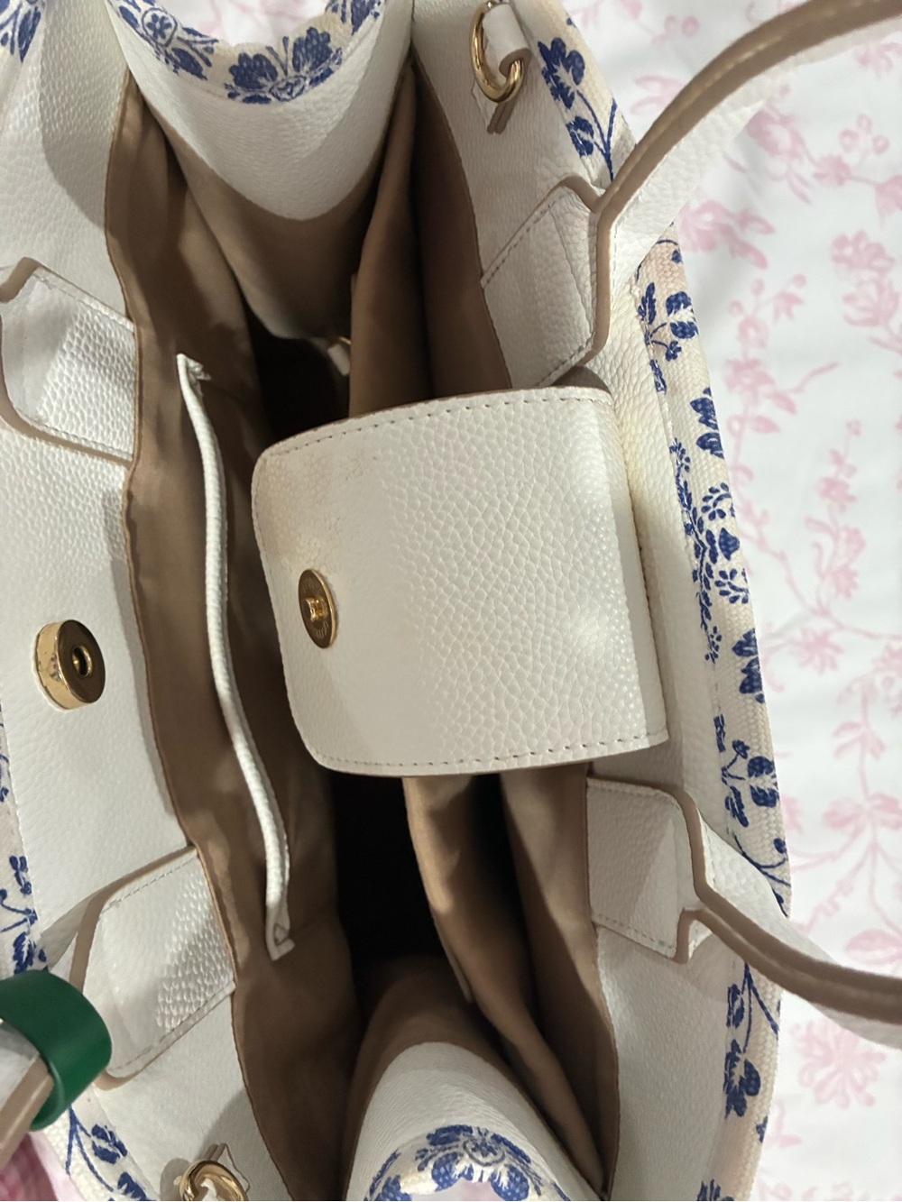 Nanette Lepore White Canvas Tote with Blue Floral Print and Orange Charm - Picture 4 of 4
